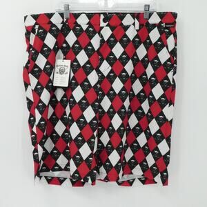 Tattoo Golf Shorts Mens 38 Red White Black Red Monster Argyle Skull Print Casual